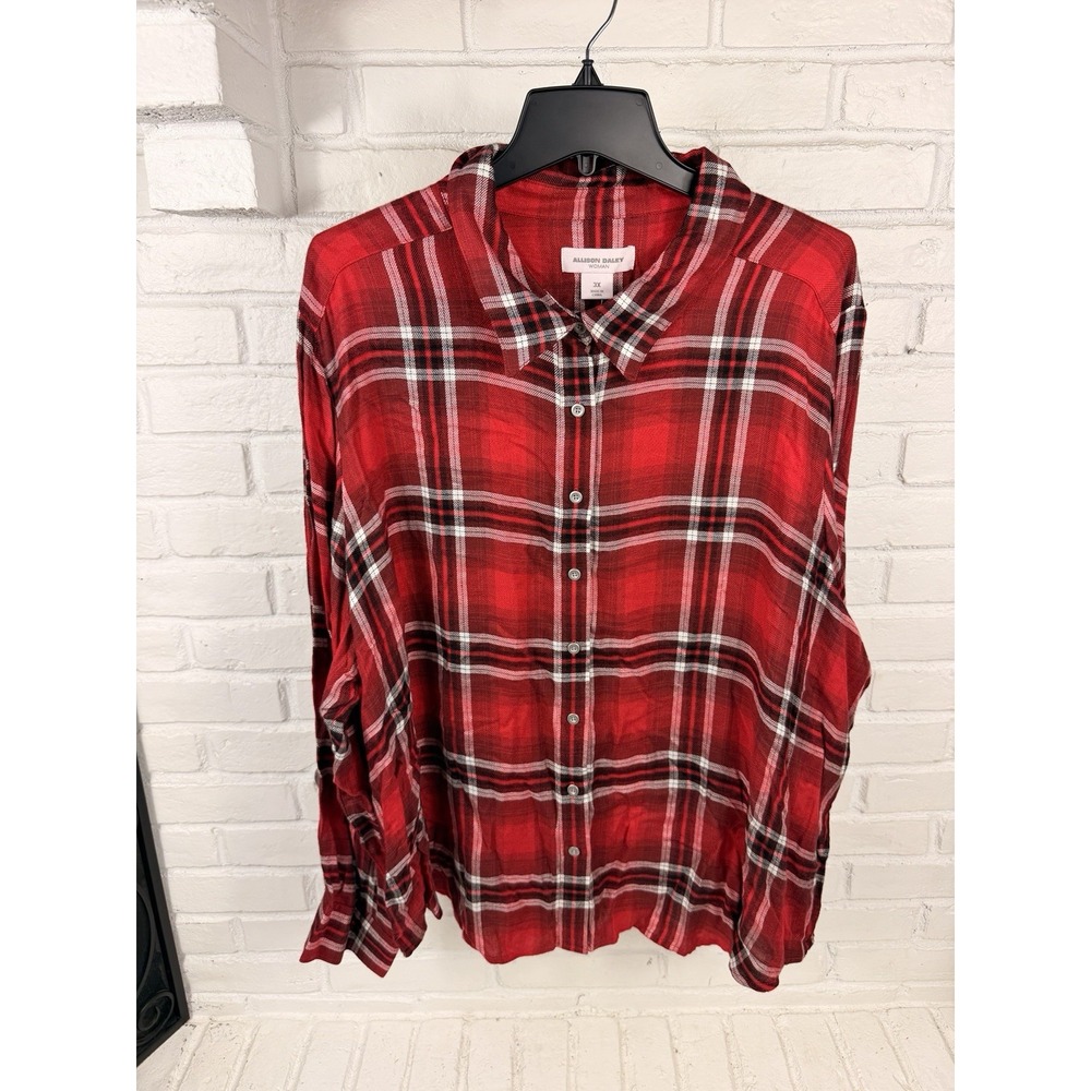 Allison Daley Woman 3X Red Plaid Button Down Shirt 100% Rayon NWT Plus